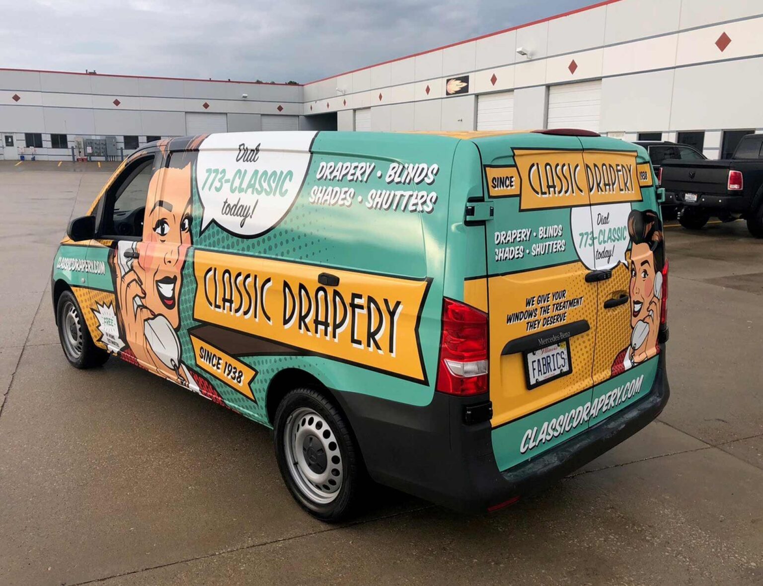 Van with intriguing cartoon graphics to advertise drapery business