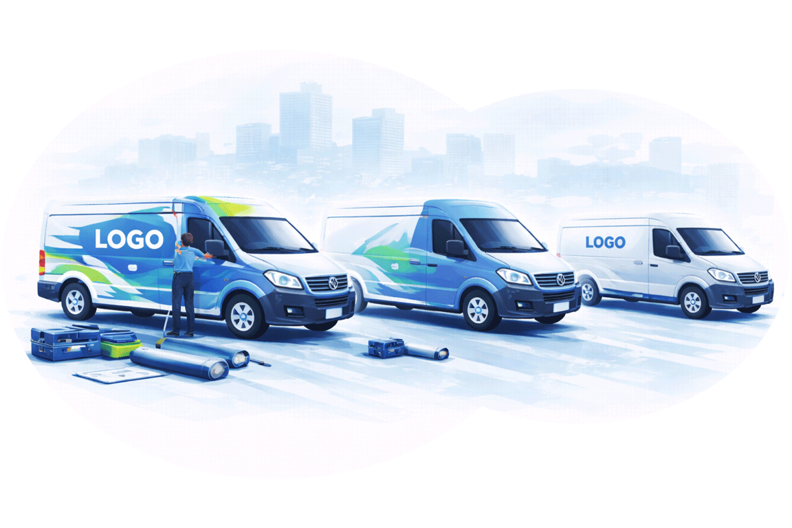 3 vans and one has a full wrap, one has a partial wrap, and one has a logo decal on the side