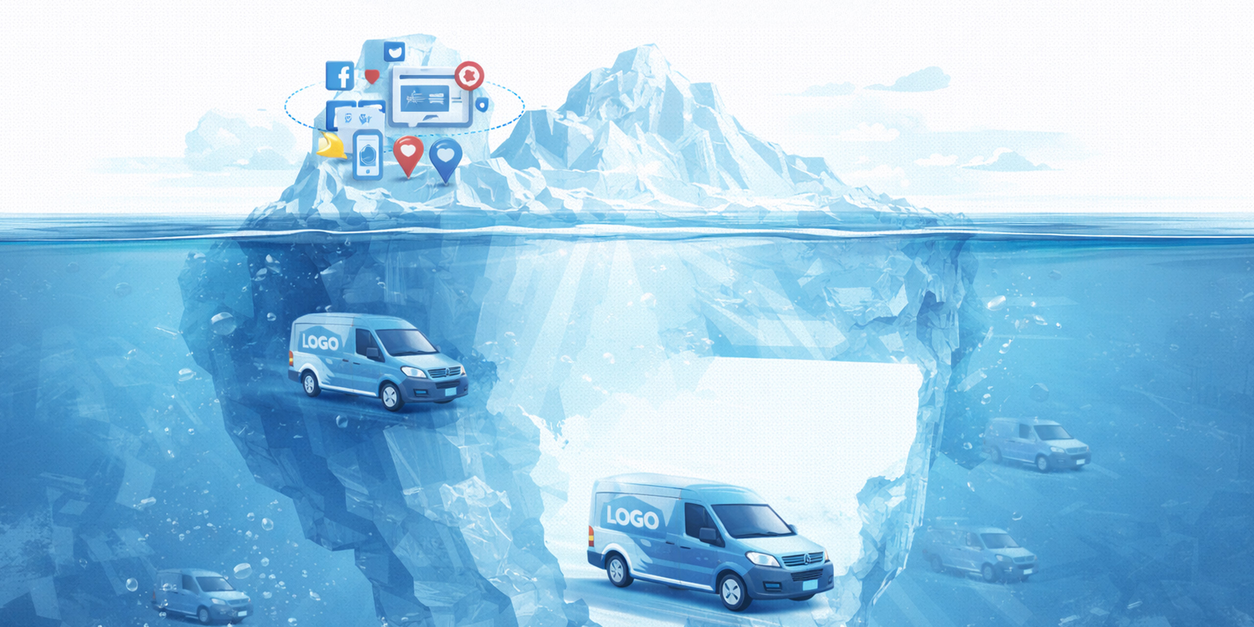Ice Berg representing what CMOs currently manage such as digital channels and vehicles below the water as the unseen part of the iceberg