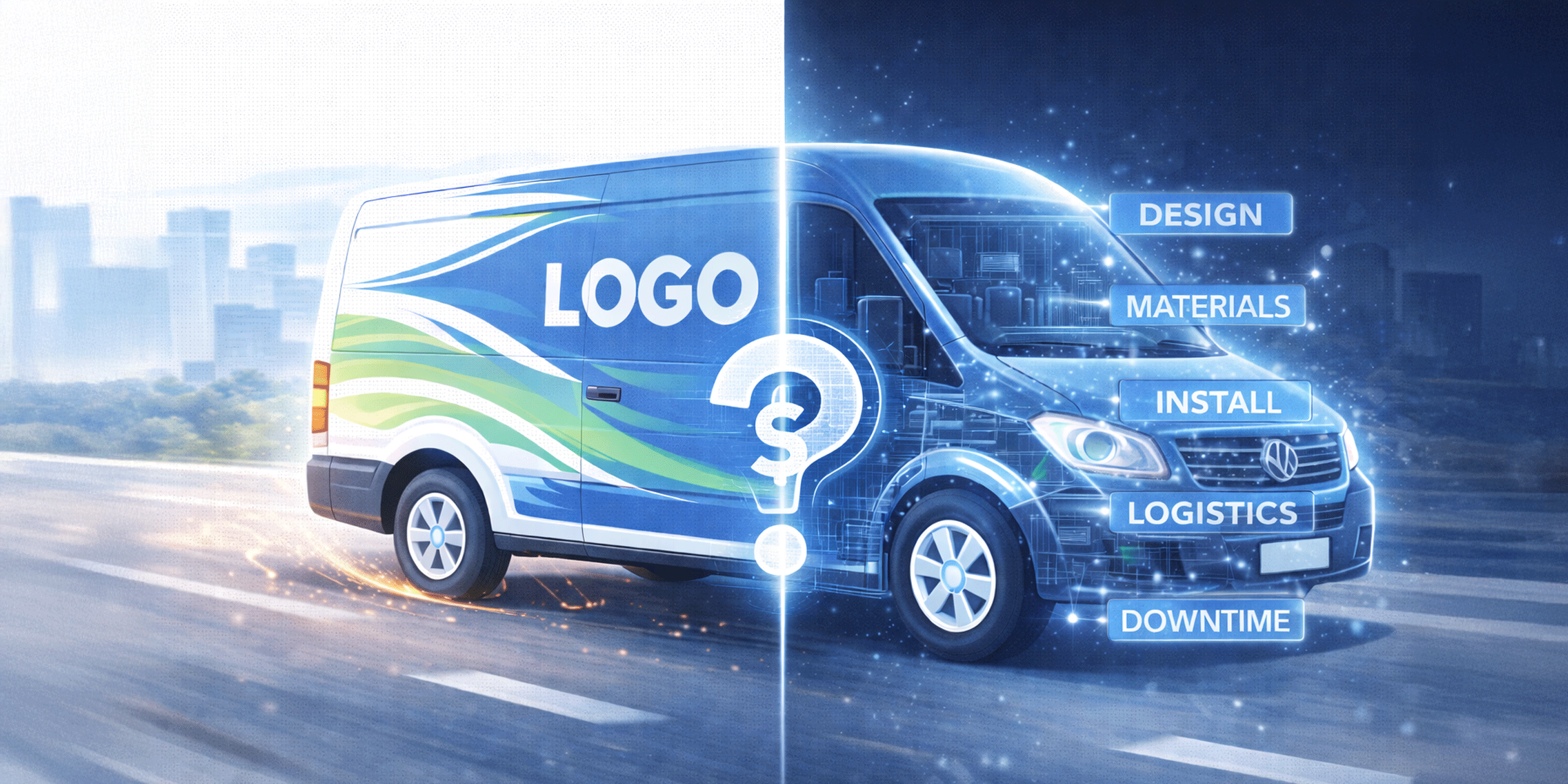 Illustration showing the factors that influence custom decal cost, including design, materials, installation, logistics, and vehicle downtime on a branded van.