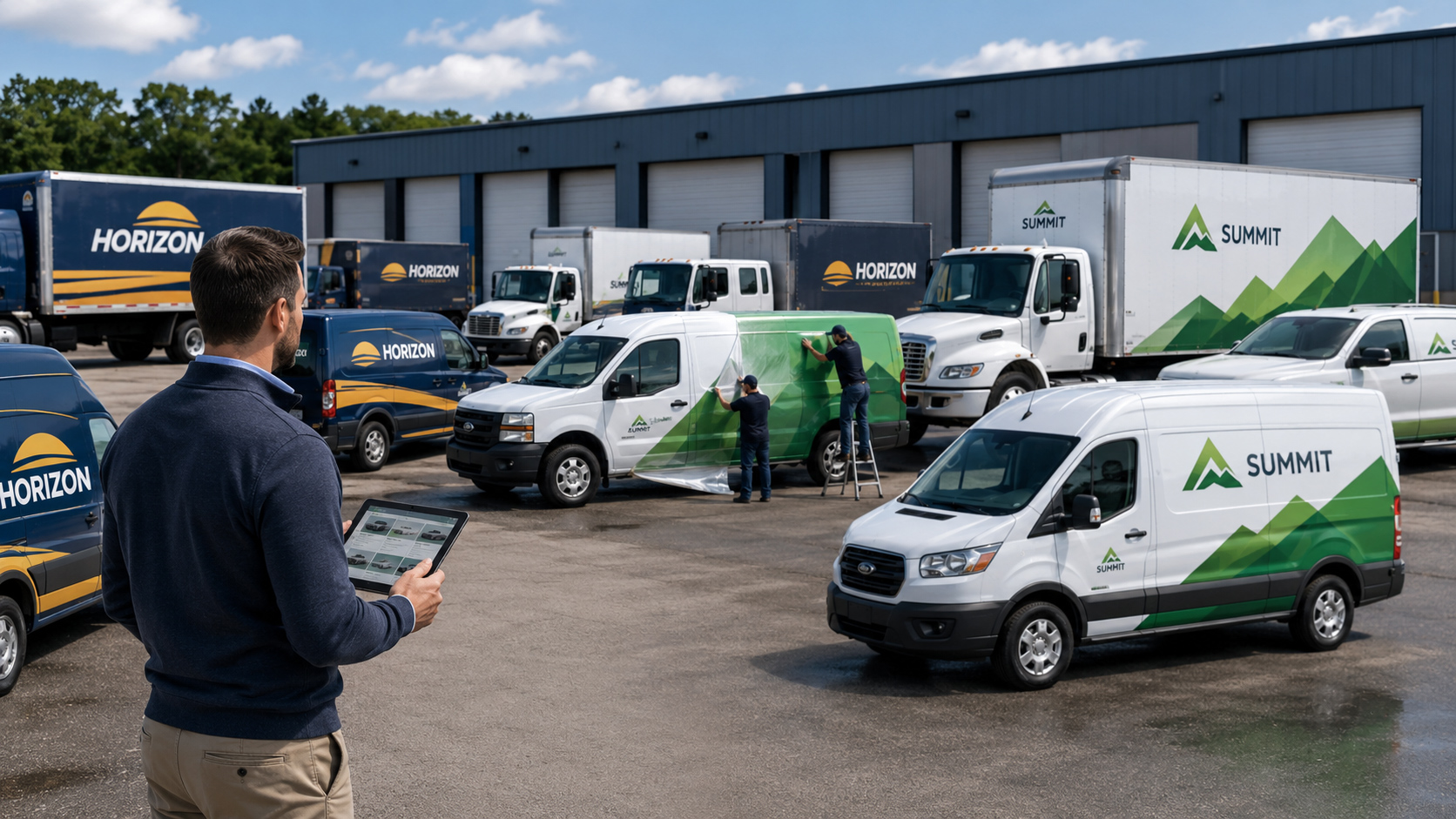 Rebranding after merger hero image with vehicles that have mixed graphics.