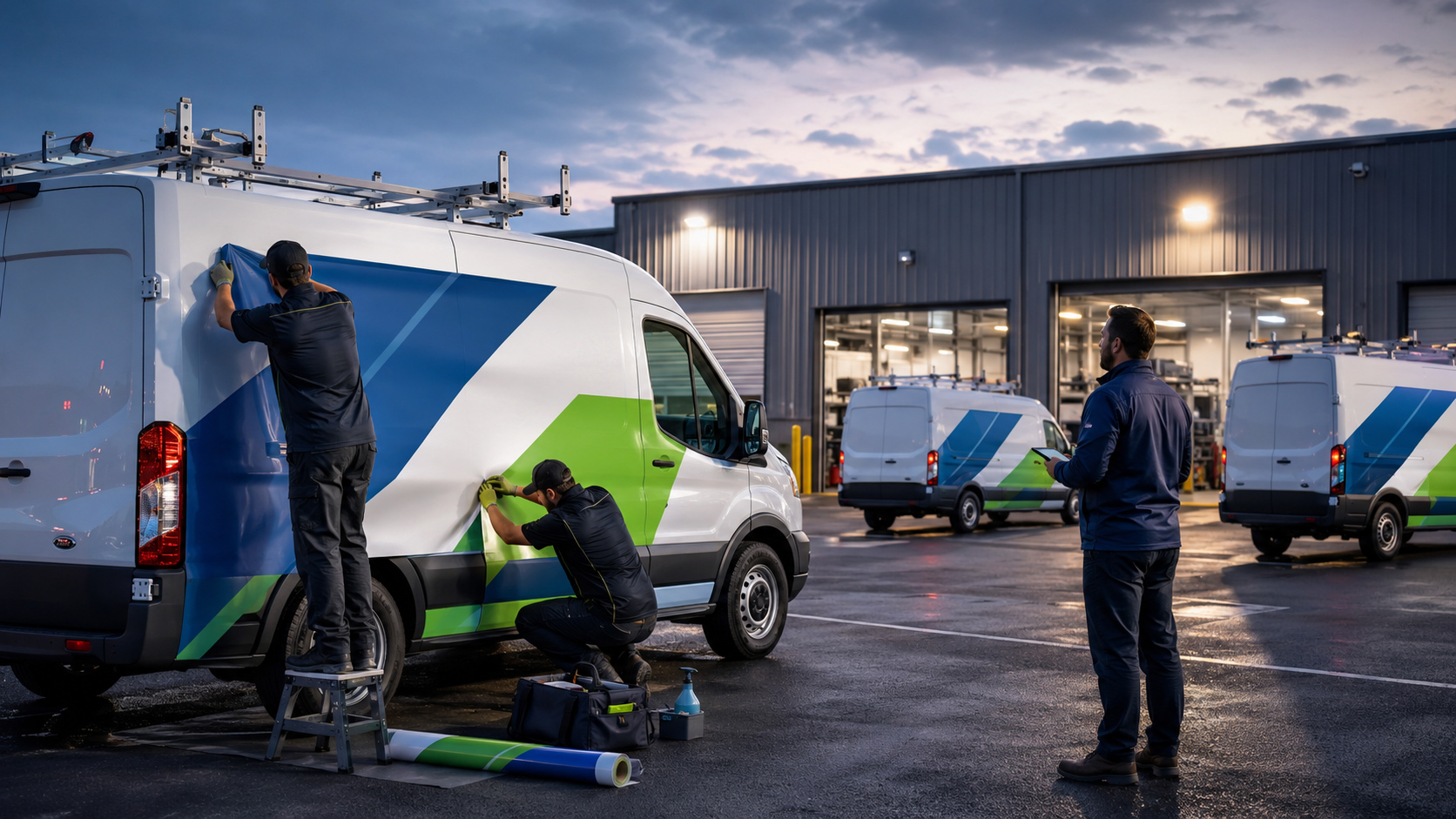 Vehicle wrap installation of service vehicles at night so as not to disrupt daily operations.
