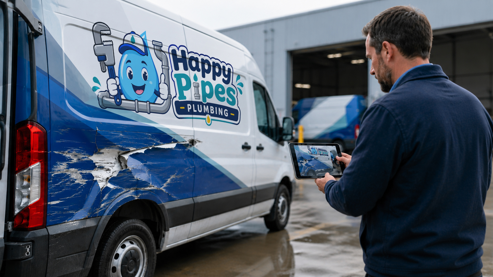 Vehicle wrap repair needed on damaged van with vehicle graphics